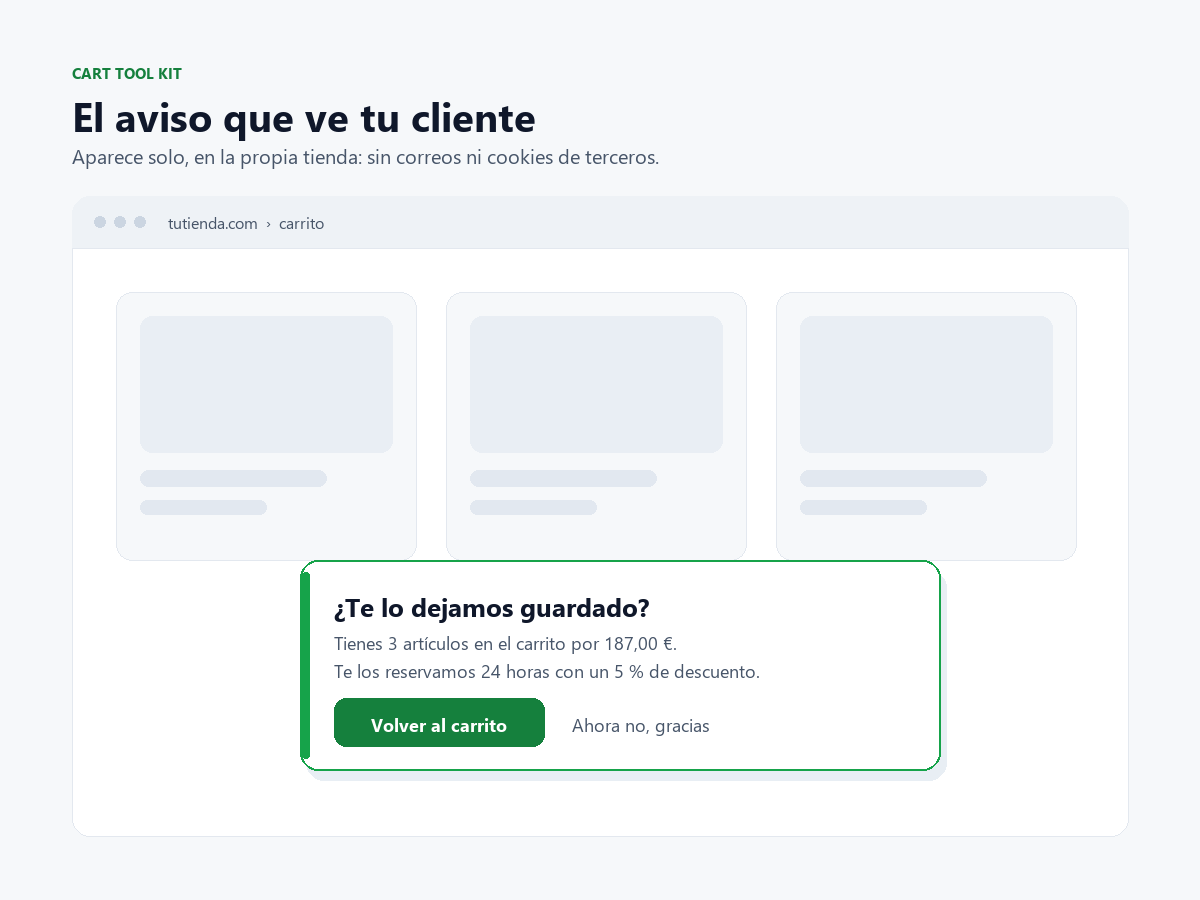 El aviso de carrito guardado tal y como lo ve el cliente en la tienda