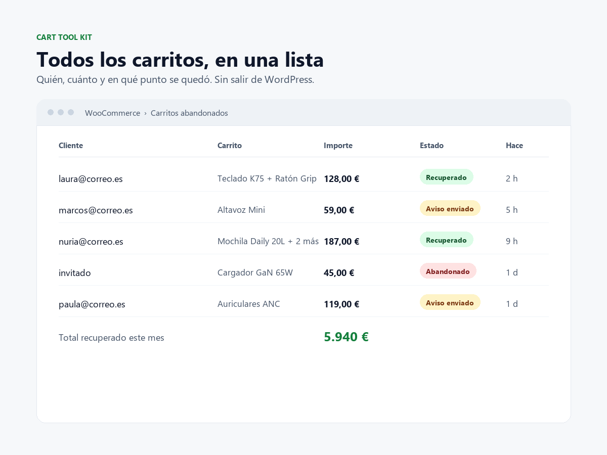Lista de carritos abandonados con importe, estado y tiempo