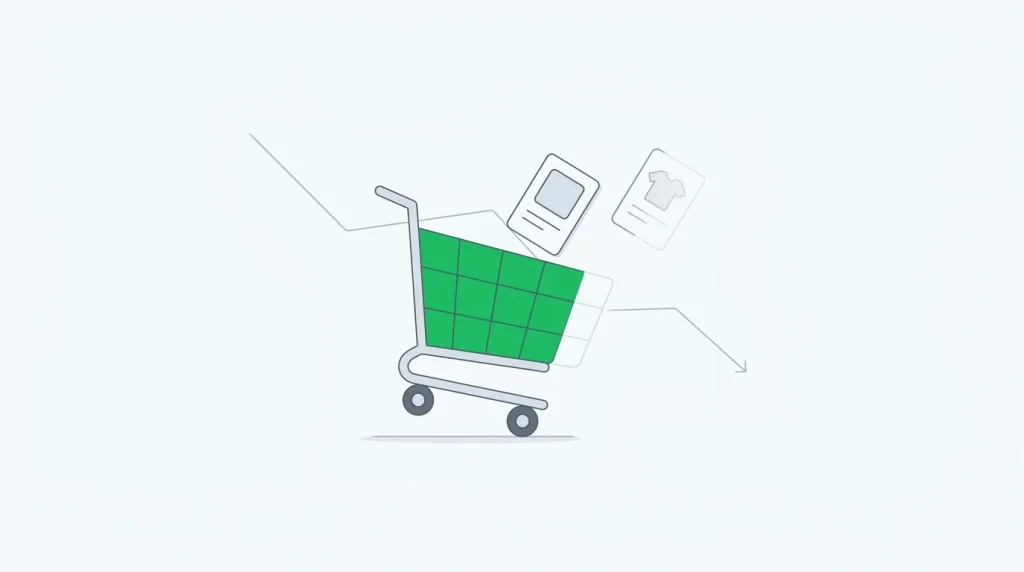 Carrito de la compra alejándose y desvaneciéndose, con una línea de tendencia a la baja