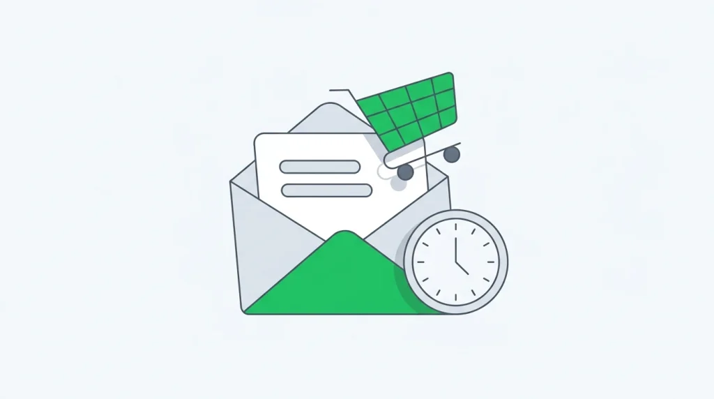 Sobre de correo abierto con un carrito dentro y un reloj que marca el momento de envío