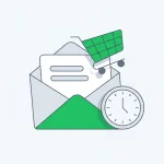 Sobre de correo abierto con un carrito dentro y un reloj que marca el momento de envío