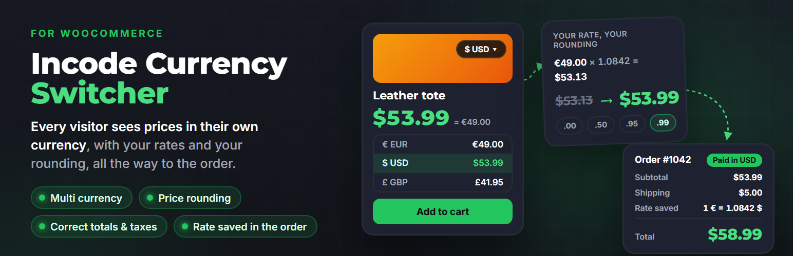 Banner de Incode Currency Switcher en WordPress.org: precios en varias monedas para WooCommerce