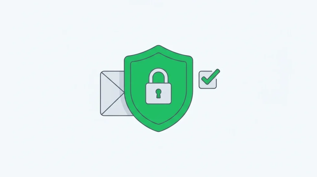 Escudo con un candado protegiendo un sobre de correo, junto a una casilla de consentimiento marcada